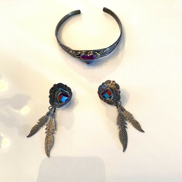 Jewelry - Vintage Sterling Silver Heart Feather Inlaid Mosiac Earrings & Bracelet